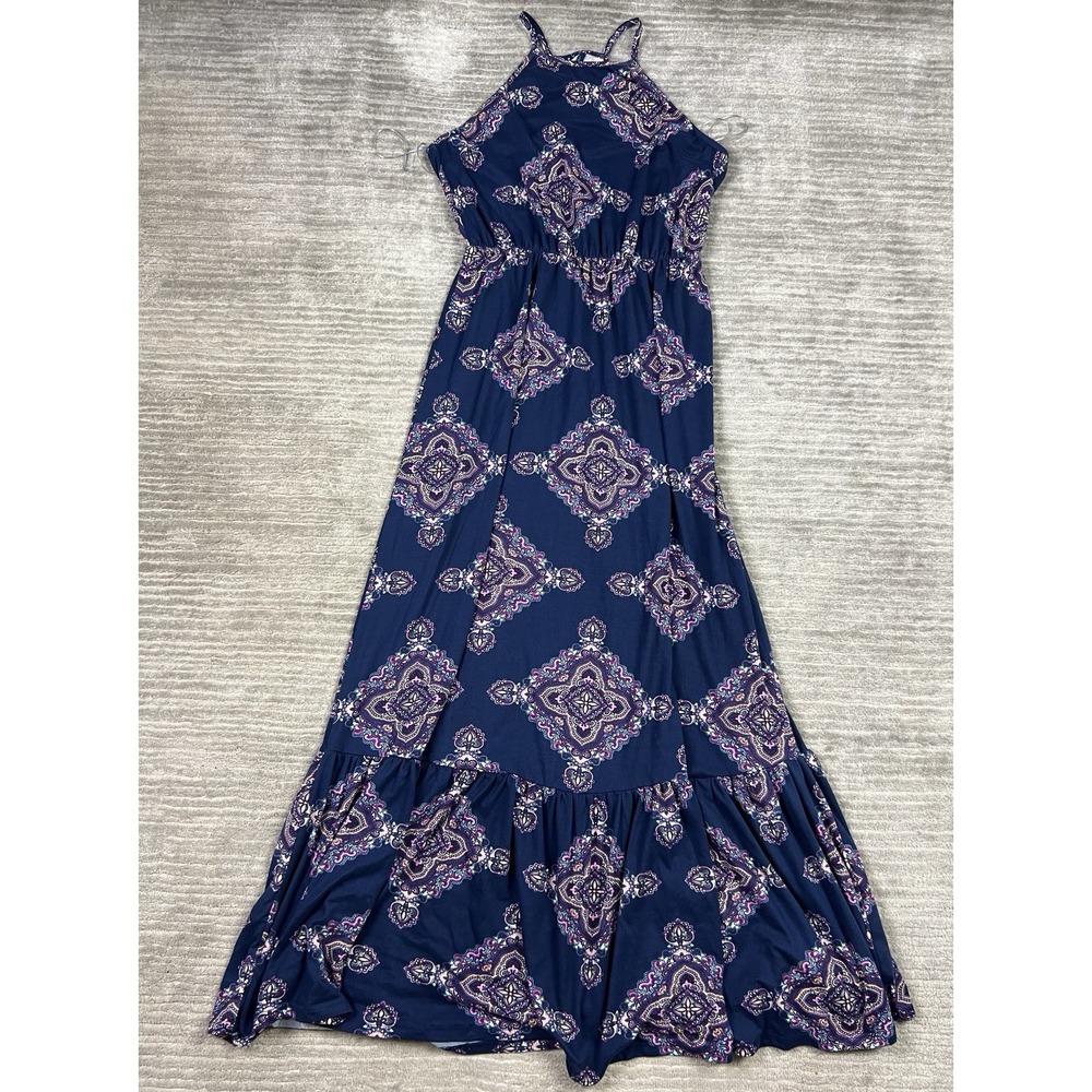 Navy Printed Maxi Dress with Ruffle Hem
